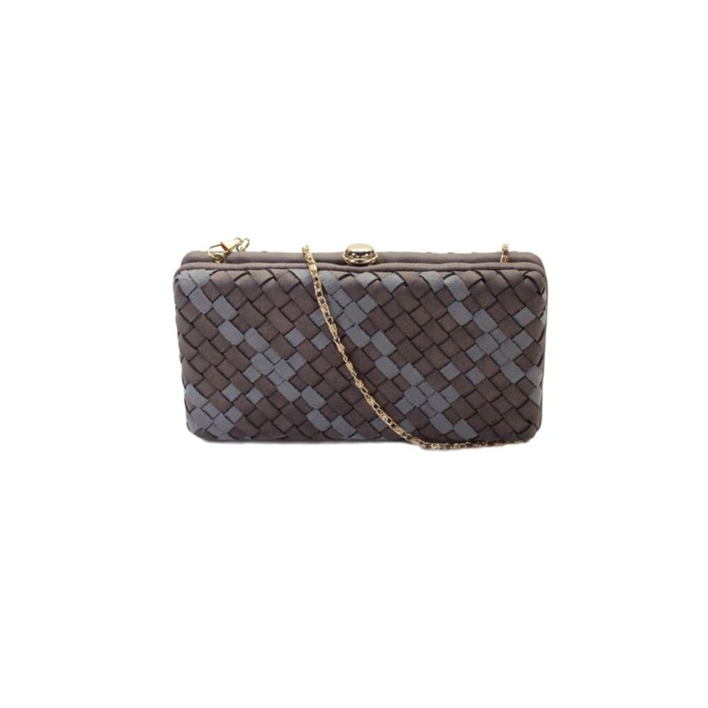Deux Lux Womens Colorblock Woven Leather Kiss Lock Clutch Bag Handbag Brown Gray